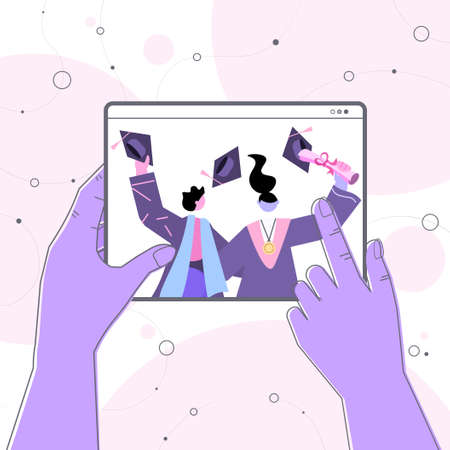 graduated students on tablet screen graduates celebrating academic diploma degree education university certificateのイラスト素材