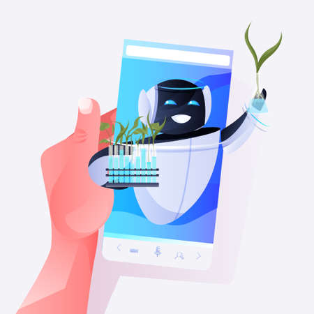modern robot holding test tubes with genetically modified plants on smartphone screen scientific researchのイラスト素材