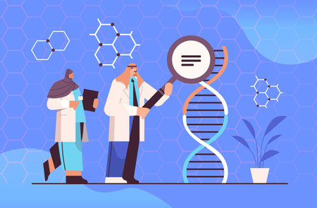 arabic scientists working with DNA arab researchers making experiment in lab DNA testing genetic...