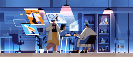 researchers team making chemical experiments in laboratory and discussing during video call molecular engineeringのイラスト素材