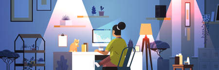 overworked businesswoman freelancer looking at computer screen woman sitting at workplace with catのイラスト素材
