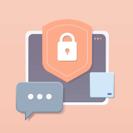 protection shield with padlock on computer chatting app privacy security protection conceptのイラスト素材