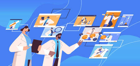 mix race researchers discussing during video call scientists making chemical experiments molecular engineeringのイラスト素材