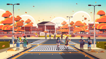 mix race schoolchildren in masks crossing road on crosswalk pupils walking to schoolのイラスト素材