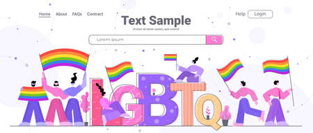 people holding lgbtq rainbow flags gay lesbian love parade pride month celebration transgender love concept full length copy space horizontal vector illustrationのイラスト素材