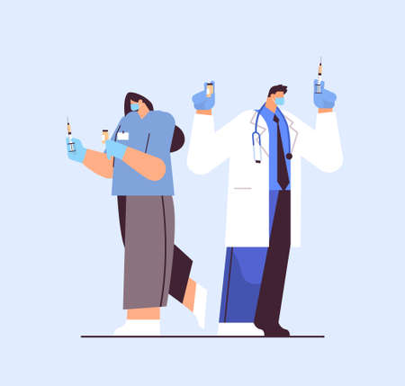 doctors in protective masks holding syringe and bottle vial virus vaccine development fight againstのイラスト素材