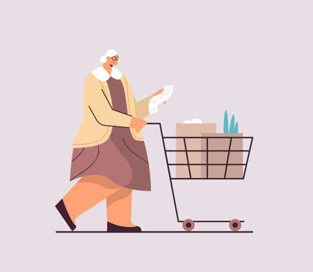 senior woman with full of products trolley cart checking shopping list in supermarket horizontalのイラスト素材