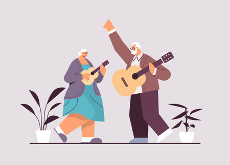 senior couple playing guitar grandparents having fun active old age conceptのイラスト素材