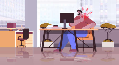 businessman at workplace suffering from shoulder pain inflammation of muscles conceptのイラスト素材