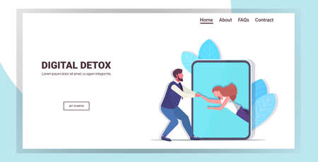 man pulling out woman from smartphone screen digital detox gadget addiction concept peopleのイラスト素材