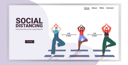 mix race girls in masks doing yoga exercises keeping distance to prevent coronavirus social distancingのイラスト素材
