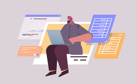 arab businessman analyzing data on laptop business analyst making analytics report working process conceptのイラスト素材
