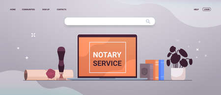 notary service banner with legacy stamp sealed document legal trust and public pen near laptopのイラスト素材