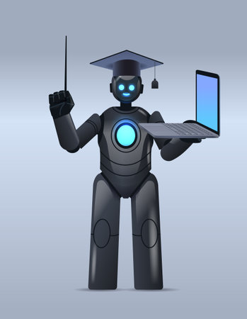 black robot teacher in graduation cap holding laptop online education artificial intelligence conceptのイラスト素材