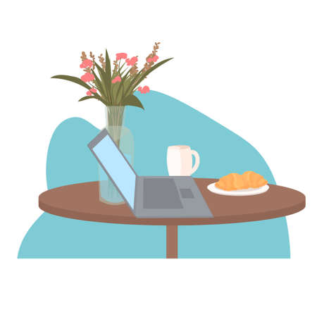 laptop flowers coffee cup and croissant on table work from home self isolation conceptのイラスト素材