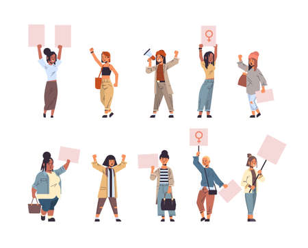 set mix race activists protesting holding placards with female gender sign feminist demonstration girl power movement rights protection women empowerment concept full lengthのイラスト素材
