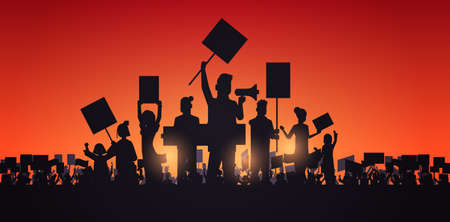 silhouette of people crowd protesters holding protest posters men women with blank vote placards demonstration speech political freedom concept horizontal portraitのイラスト素材