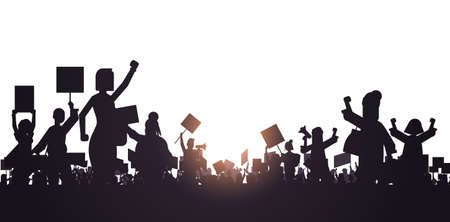 silhouette of people crowd protesters holding protest posters men women with blank vote placards demonstration speech political freedom concept horizontal portraitのイラスト素材