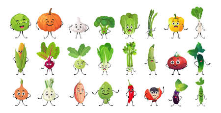 set cute vegetable characters cartoon mascot personages collection healthy food concept isolated horizontalのイラスト素材