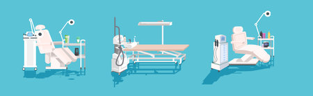 set medical hair removal equipment and instruments for cosmetology beautician cabinet with laser epilation machine armchair and bed horizontalのイラスト素材