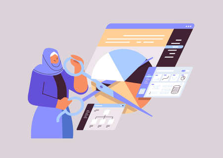 arab businesswoman with scissors creating visual graphs business charts financial statistics data...