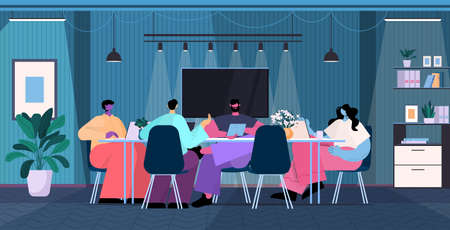 businesspeople team brainstorming at round table business people working together in dark night office teamworkのイラスト素材