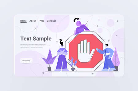 businesspeople working near big red forbidding sign with human hand stop gesture do not enter dangerous conceptのイラスト素材