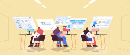 arab scientists team analyzing medical data on virtual boards medicine healthcare conceptのイラスト素材