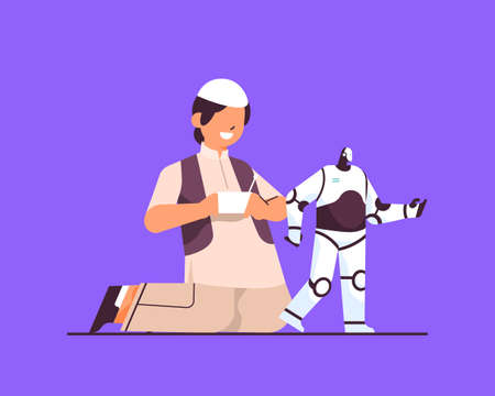 arab schoolboy playing with radio controlled robotic toy smiling boy having fun full lengthのイラスト素材