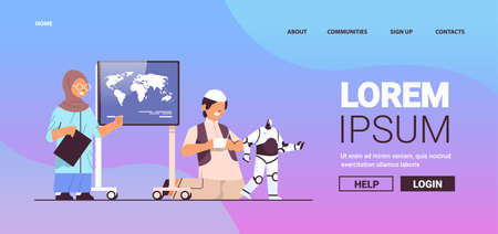 arab schoolgirl making presentation arabic schoolboy playing with radio controlled robotic toyのイラスト素材