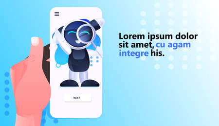 cute robot holding magnifying glass on smartphone screen data search artificial intelligence conceptのイラスト素材