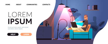 overworked businessman freelancer looking at laptop screen man working in dark night home roomのイラスト素材