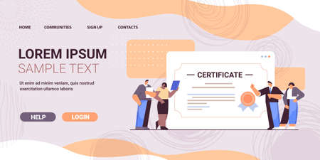 graduated businesspeople near huge certificate graduates celebrating academic diploma degree...
