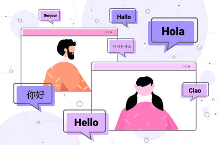 people using translation application multilingual greeting international online communicationのイラスト素材