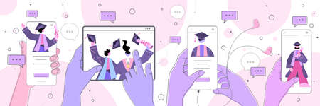 graduated students on digital gadgets discussing during video call graduates celebrating academic...