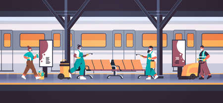 mix race cleaners in masks disinfecting coronavirus cells on subway staion platform to prevent covid-19 pandemicのイラスト素材