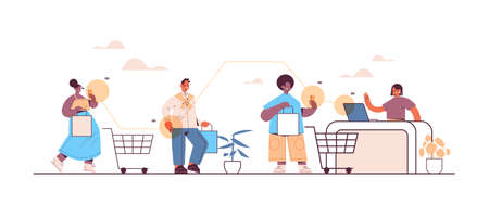 mix race customers using smartphones for paying at cash desk online shopping ecommerce smart purchasingのイラスト素材