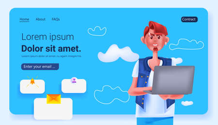 man using laptop social media network online communication concept portraitのイラスト素材