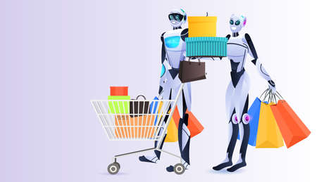 modern robots holding colorful purchases shopping bags artificial intelligence technology conceptのイラスト素材
