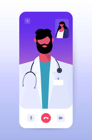 male doctor discussing with woman patient on smartphone screen innovative diagnosis online consultation healthcareのイラスト素材