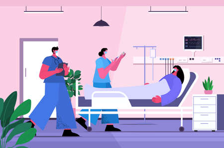 doctors in masks vaccinating female patient fight against coronavirus vaccine development conceptのイラスト素材