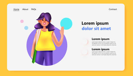 young woman in casual clothes waving hand female cartoon character portrait copy spaceのイラスト素材