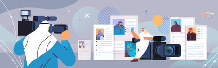 arab hr manager with video camera choosing resume curriculum vitae with photo and personal info of new employeesのイラスト素材