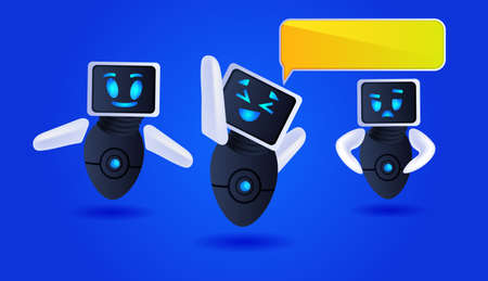 cute robots discussing during meeting chat bubble communication artificial intelligence technology...