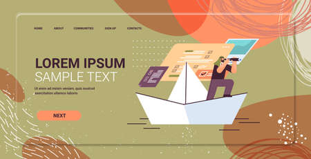 businessman with binoculars floating on paper boat looking for successful future leadership startup strategy planningのイラスト素材