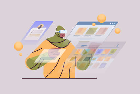 arab woman wearing vr headset arabic girl in digital glasses exploring virtual reality interactive services portraitのイラスト素材