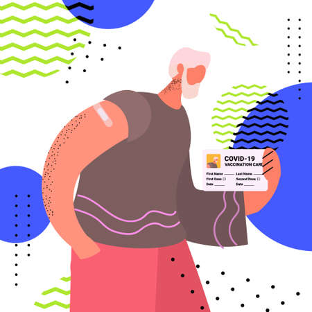vaccinated man holding vaccination record card immunity passport risk free covid-19 pandemic pcr certificate coronavirus concept portrait vector illustrationのイラスト素材