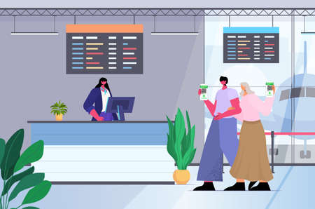 travelers using digital immunity passports at check in airport counter risk free  pcr certificate immunityのイラスト素材