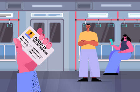 passenger in subway train with vaccination record card immunity passport risk free  pcr certificateのイラスト素材