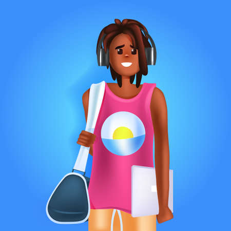african american woman in headphones young girl with laptop and handbagのイラスト素材